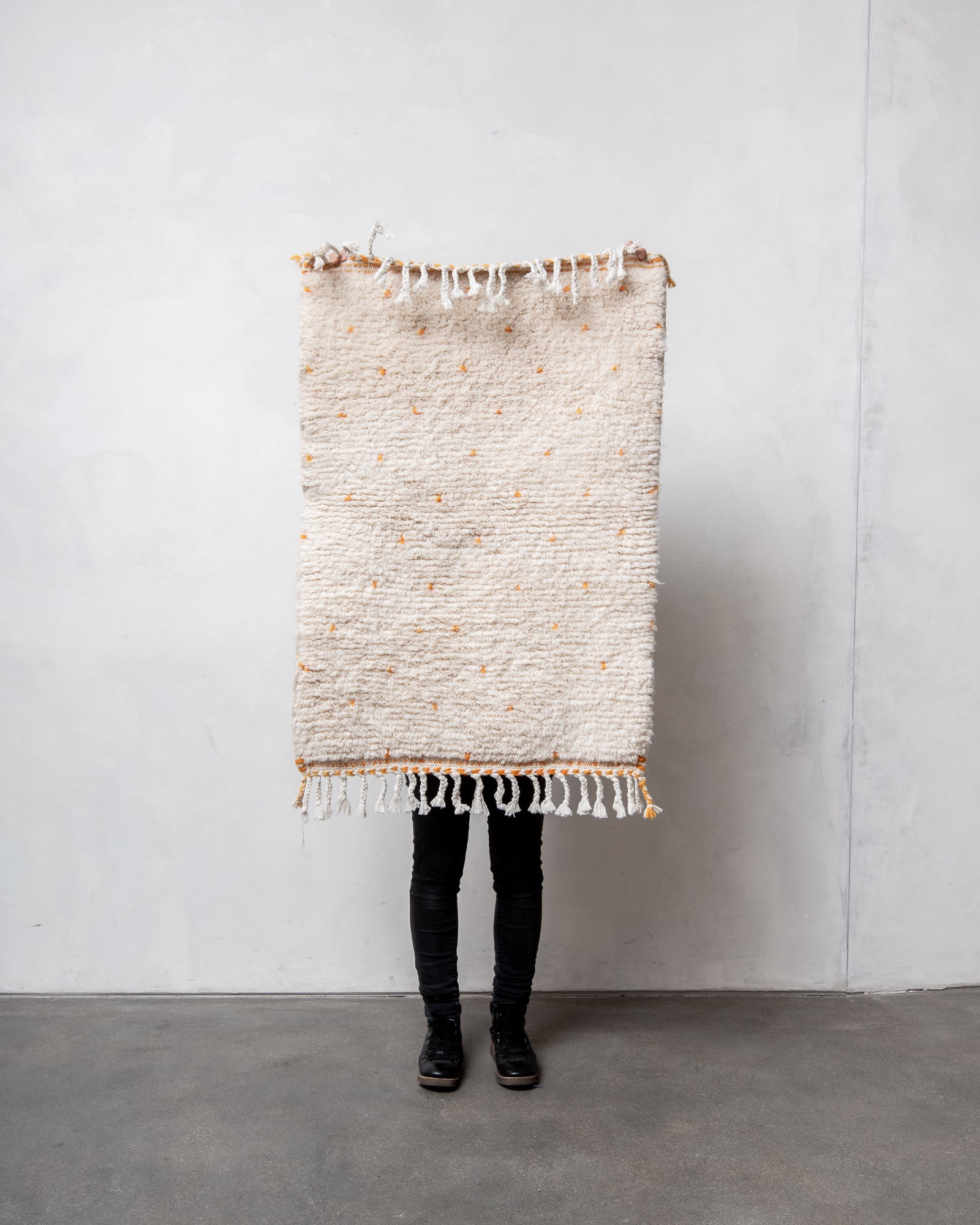 Modern, designer, handcrafted Berber rug from Morocco. Beniourain carpet with beautiful colours and patterns and fluffy wool texture.